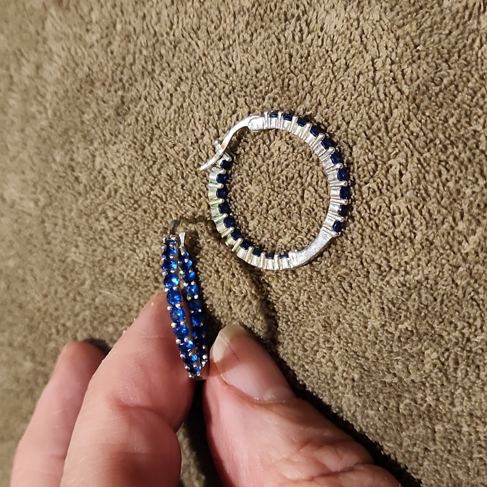 Silver/blue stone hoop earrings